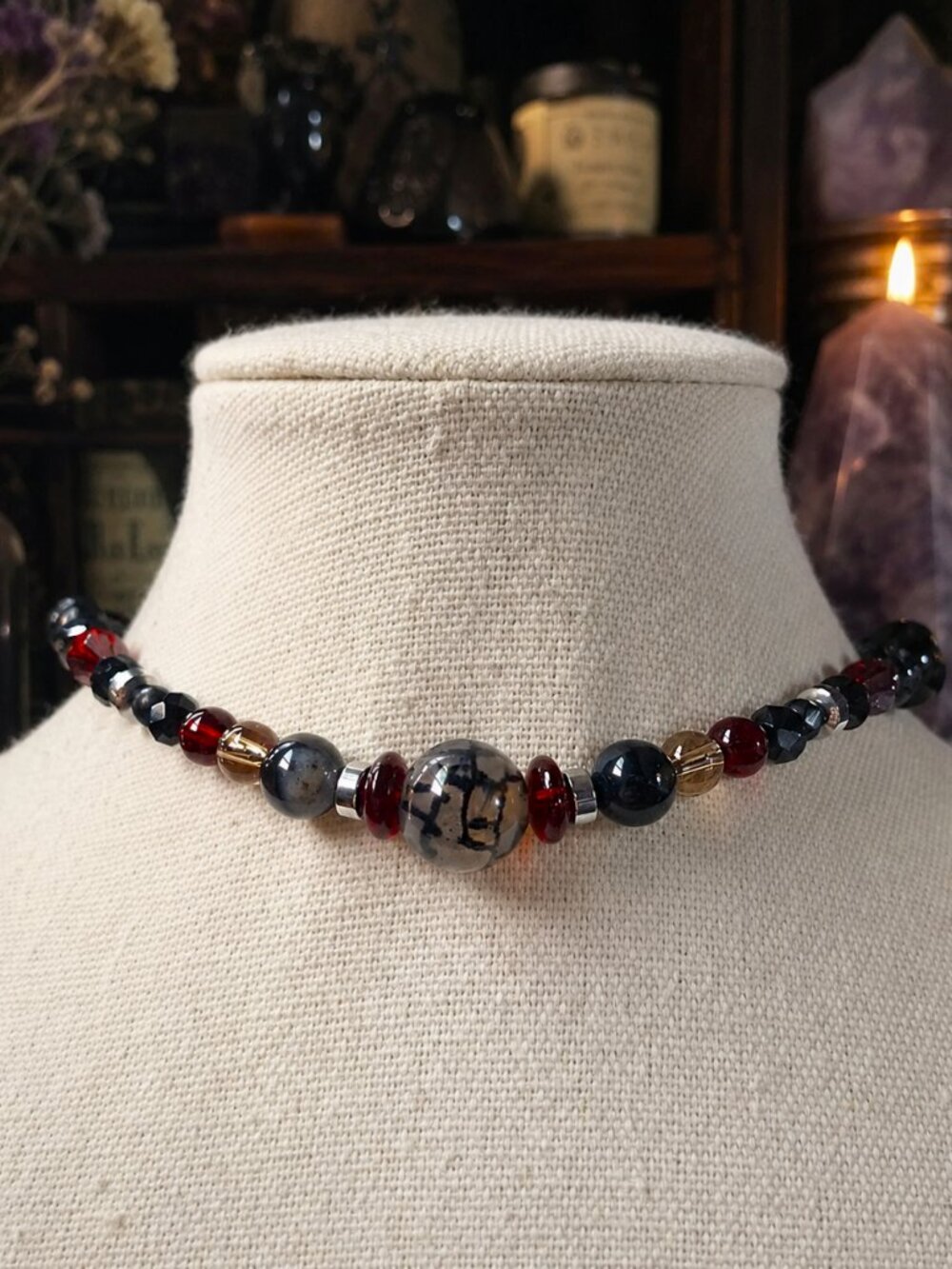 Whimsigoth Spiderweb Agate Choker Necklace, Black Onyx, Jasper, & Ruby Red Glass - Picture 2 of 12